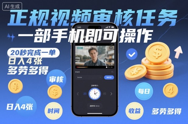 正规视频审核任务，一部手机即可操作，20秒完成一单，日入4张，多劳多得【揭秘】-米创网