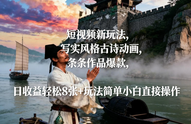 短视频新玩法，写实风格古诗动画，条条作品爆款，日收益轻松8张+玩法简单小白直接操作-米创网