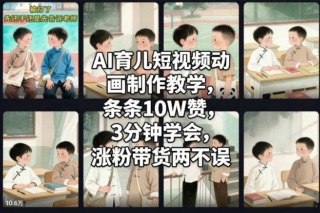 AI育儿短视频动画制作教学，条条10W赞，3分钟学会，涨粉带货两不误-米创网