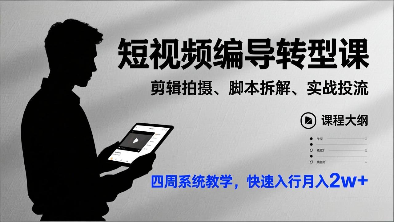 短视频编导转型课，剪辑拍摄、脚本拆解、实战投流，四周系统教学，快速入行月入2w+-米创网