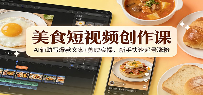 美食短视频创作课：AI辅助写爆款文案+剪映实操，新手快速起号涨粉-米创网