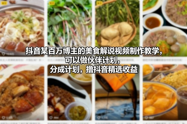 抖音某百万博主的美食解说视频制作教学，可以做伙伴计划，分成计划，撸抖音精选收益-米创网