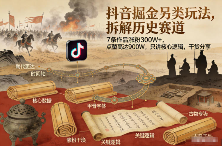 抖音掘金另类玩法，拆解历史赛道，7条作品涨粉300W+，点赞量高达900W，只讲核心逻辑，干货分享-米创网