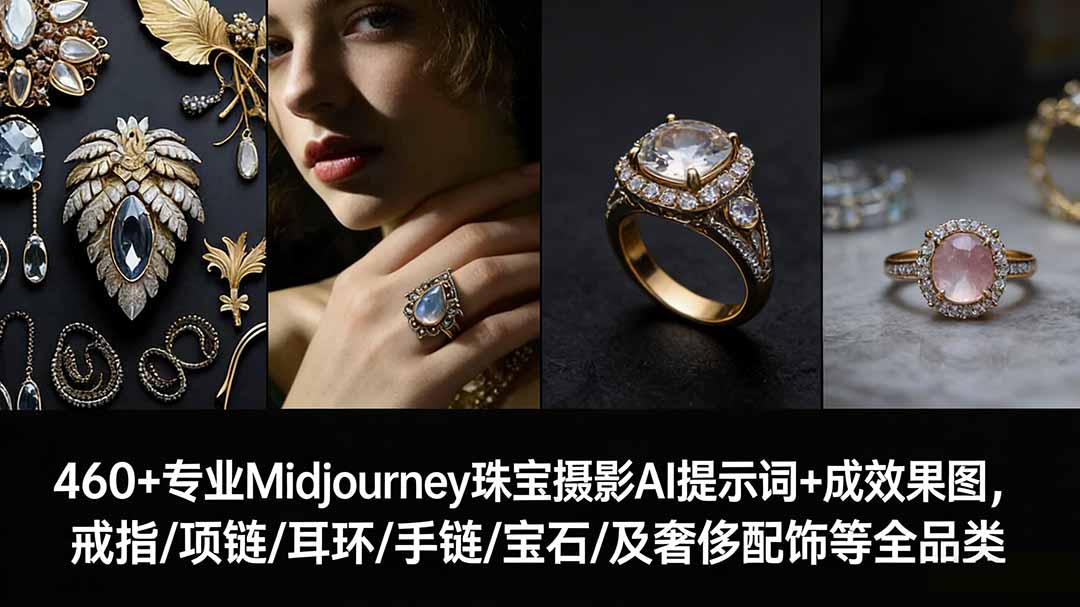 460+专业Midjourney珠宝摄影AI提示词+成效果图，戒指/项链/耳环/手链/宝石/及奢侈配饰等全品类-米创网