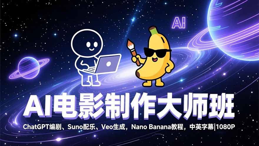 AI电影制作大师班：ChatGPT编剧、Suno配乐、Veo生成，Nano Banana教程，中英字幕|1080P-米创网