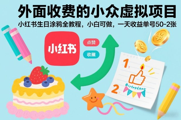 外面收费的小众虚拟项目，小红书生日涂鸦全教程，小白可做，一天收益单号50-2张-米创网