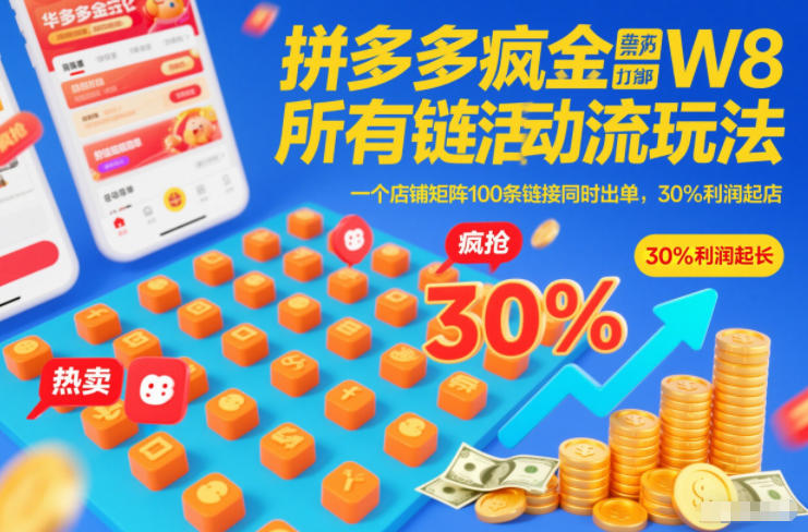 拼多多疯狂活动流玩法，所有链接全部打标，一个店铺矩阵100条链接同时出单，30%利润起店-米创网