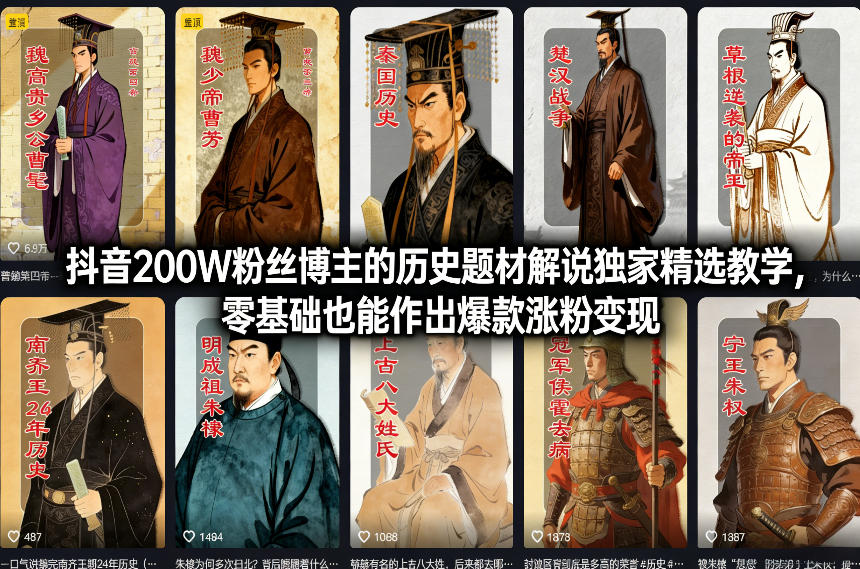 抖音200W粉丝博主的历史题材解说独家精选教学，零基础也能作出爆款涨粉变现-米创网