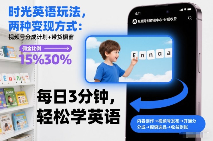 时光英语玩法，两种变现方式：视频号分成计划+带货橱窗-米创网