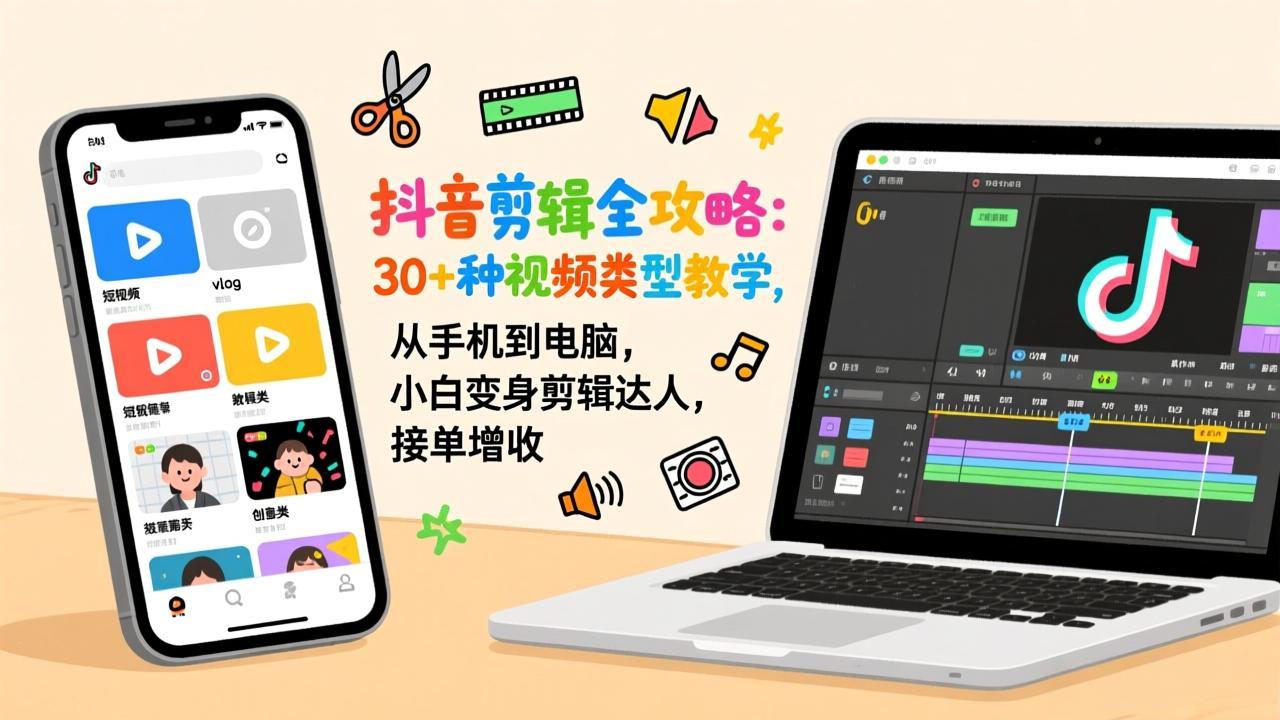 抖音剪辑全攻略：30+种视频类型教学，从手机到电脑，小白变身剪辑达人，接单增收-米创网
