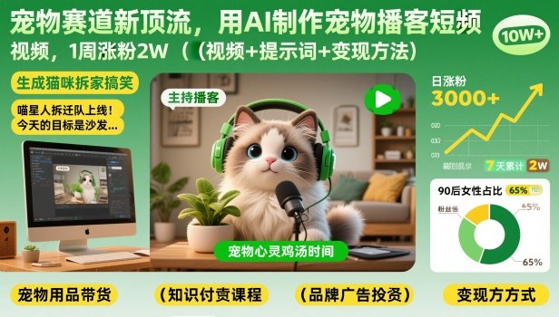 宠物赛道新顶流，用AI制作宠物播客短视频，1周涨粉2W(视频+提示词+变现方法)-米创网