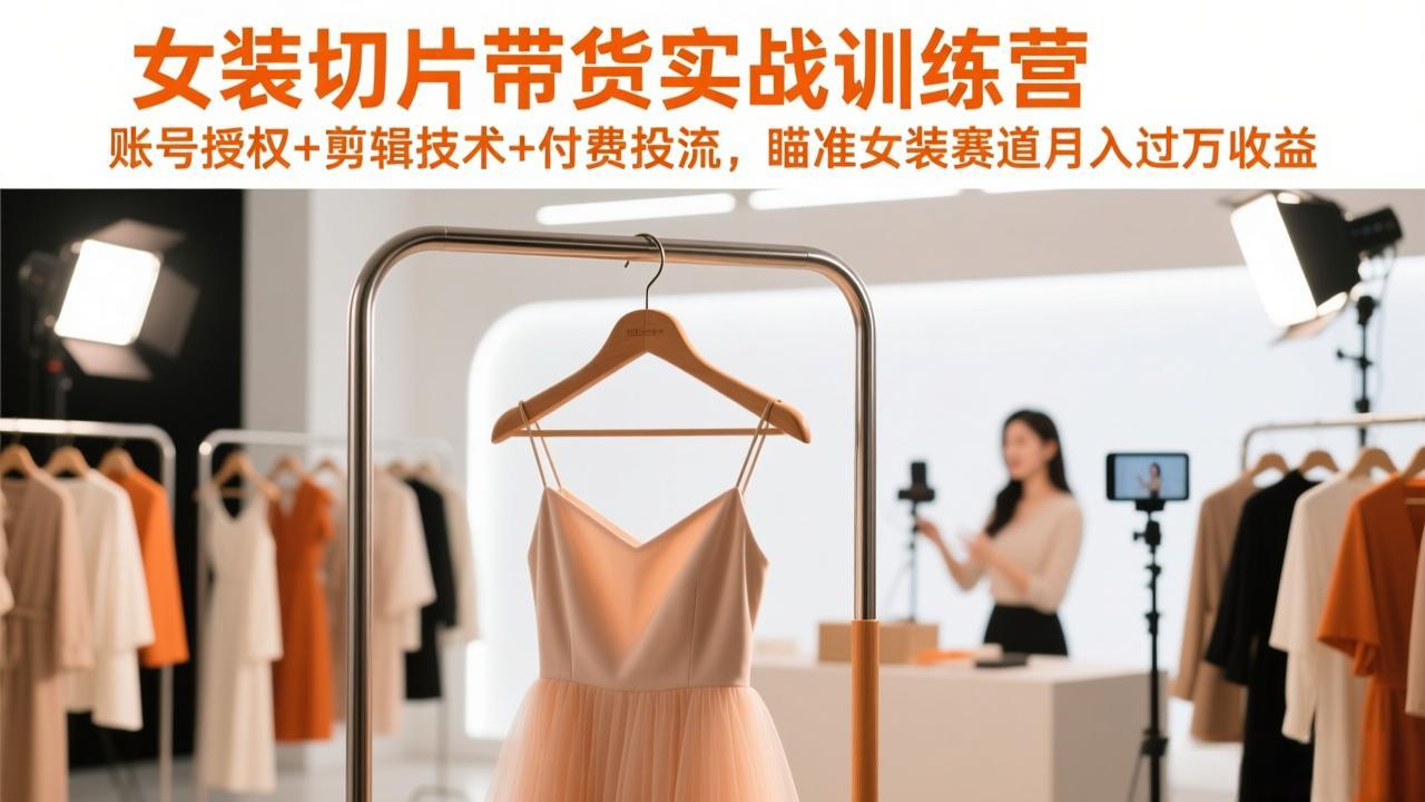 女装切片带货实战训练营，账号授权+剪辑技术+付费投流，瞄准女装赛道月入过万收益-米创网