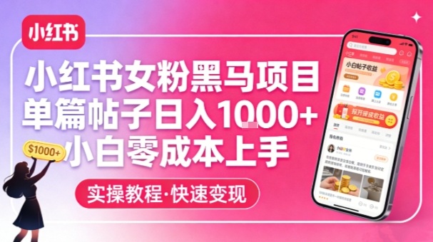 小红书女粉黑马项目，单篇帖子日入1k+，小白零成本上手-米创网