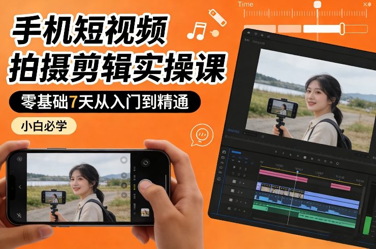 手机短视频拍摄剪辑实操课，零基础7天从入门到精通，小白必学-米创网