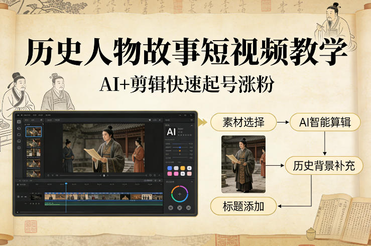 历史人物故事短视频教学，AI+剪辑制作历史人物题材短视频，快速起号涨粉-米创网