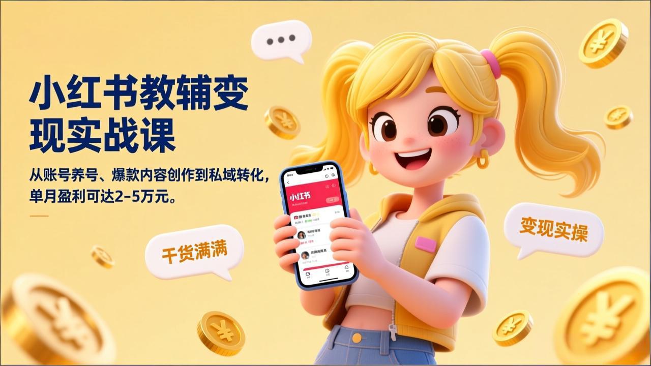 小红书教辅变现实战课，从账号养号、爆款内容创作到私域转化，单月盈利可达2-5万元-米创网