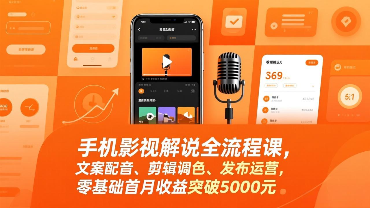 手机影视解说全流程课，文案配音、剪辑调色、发布运营，零基础首月收益突破5000元-米创网