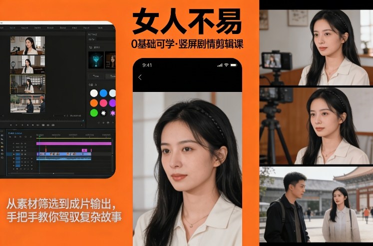 0基础可学！《女人不易》竖屏剧情剪辑课，从素材筛选到成片输出，手把手教你驾驭复杂故事-米创网
