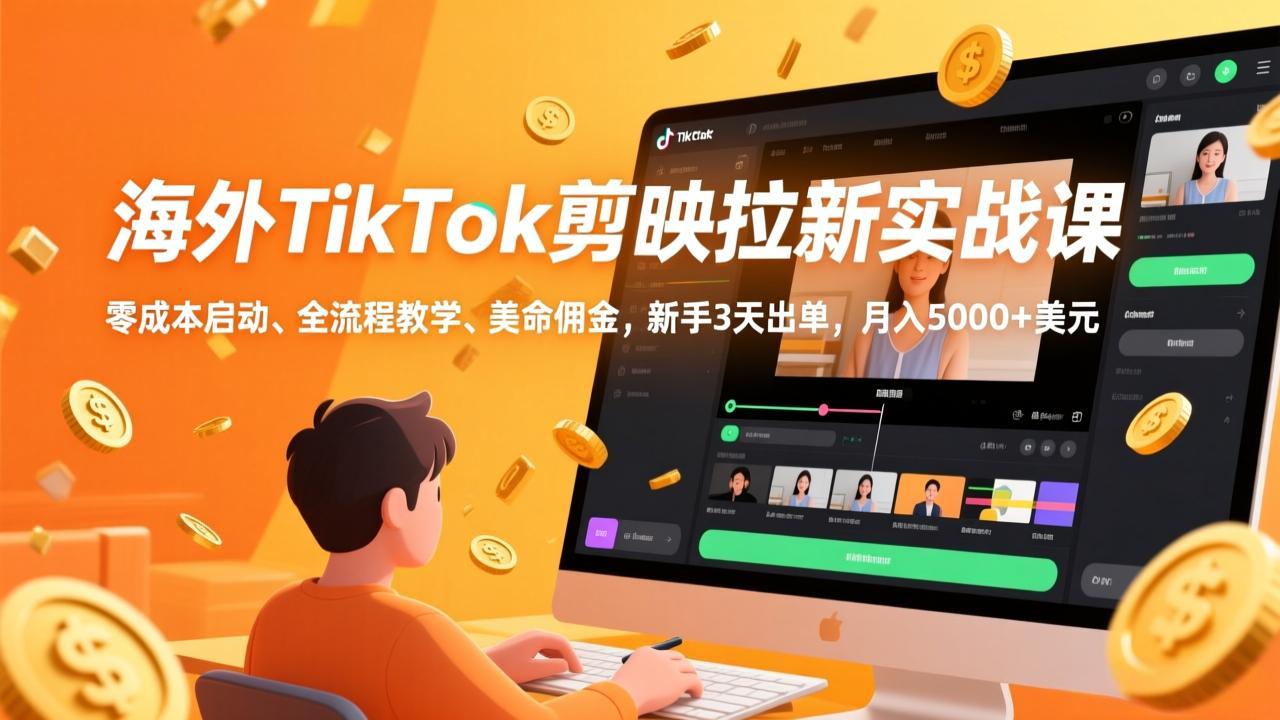 海外TikTok剪映拉新实战课，零成本启动、全流程教学、美金佣金，新手3天出单，月入5000+美元-米创网