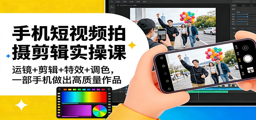 手机短视频拍摄剪辑实操课：运镜+剪辑+特效+调色，一部手机做出高质量作品-米创网
