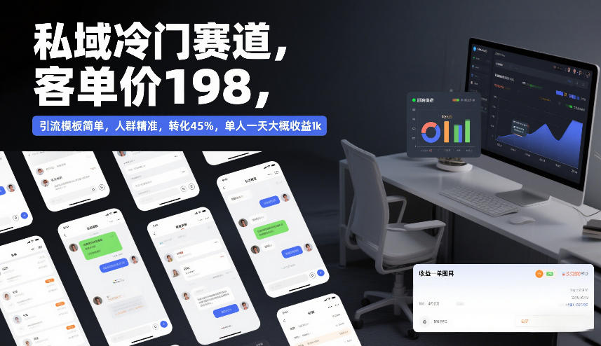 私域冷门赛道，客单价198，引流模板简单，人群精准，转化45%，单人一天大概收益1k-米创网