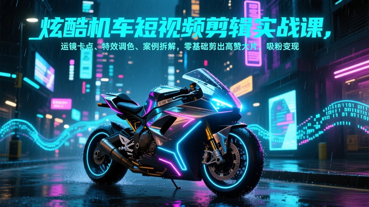 炫酷机车短视频剪辑实战课，运镜卡点、特效调色、案例拆解，零基础剪出高赞大片，吸粉变现-米创网