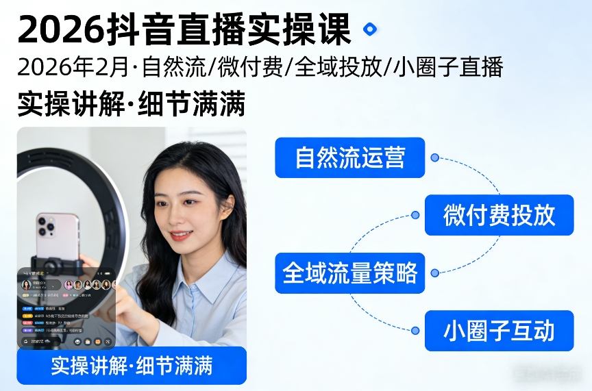 2026抖音直播实操课2026年2月，自然流、微付费、全域投放、小圈子直播，实操讲解，细节满满-米创网