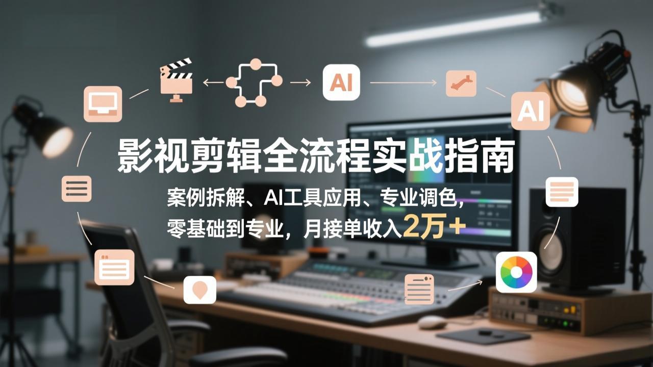 影视剪辑全流程实战指南，案例拆解、AI工具应用、专业调色，零基础到专业，月接单收入2万+-米创网