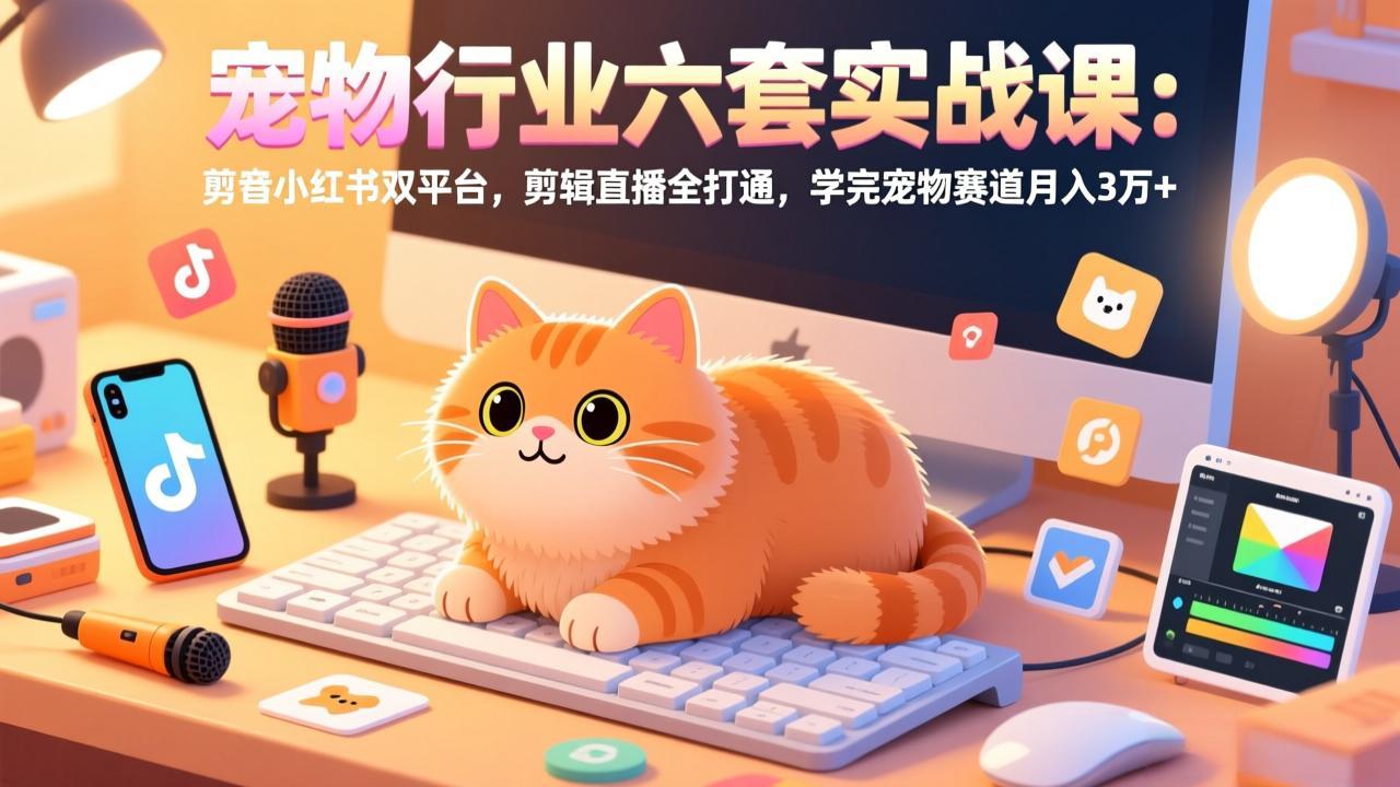 宠物行业六套实战课：抖音小红书双平台，剪辑直播全打通，学完宠物赛道月入3万+-米创网