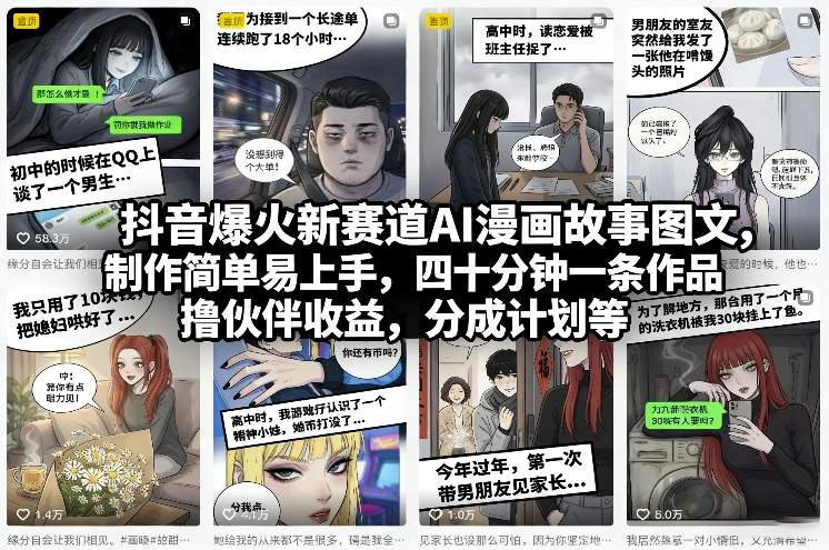 抖音爆火新赛道AI漫画故事图文，制作简单易上手，四十分钟一条作品，撸伙伴收益，分成计划等-米创网