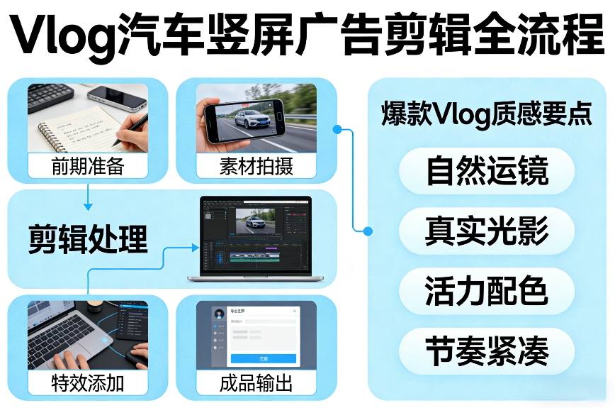 Vlog感觉汽车竖屏广告剪辑脚本全流程，拿捏爆款Vlog质感-米创网