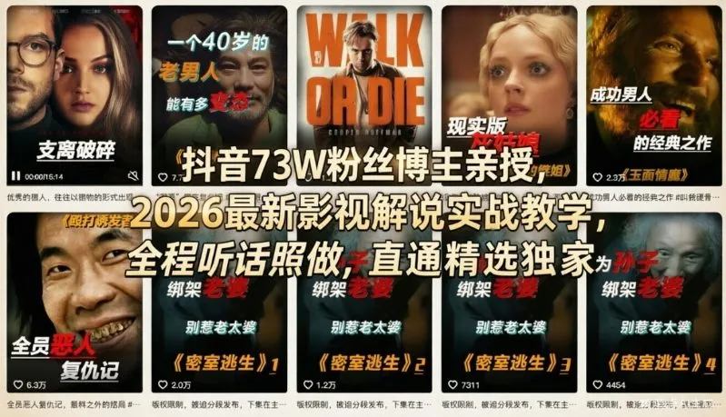 抖音73W粉丝博主亲授，2026最新影视解说实战教学，全程听话照做，直通精选独家-米创网
