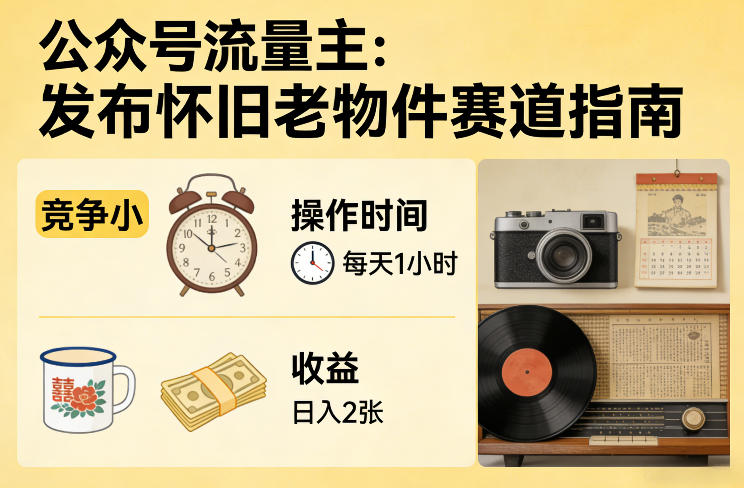 公众号流量主之发布怀旧老物件赛道，竞争小，每天操作1小时，日入2张-米创网