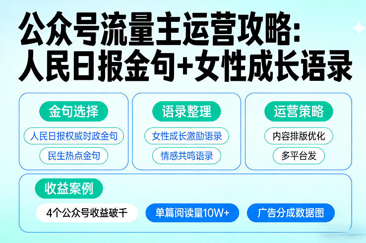 利用人民日报金句+女性成长语录做公众号流量主，4个公众号收益破千-米创网