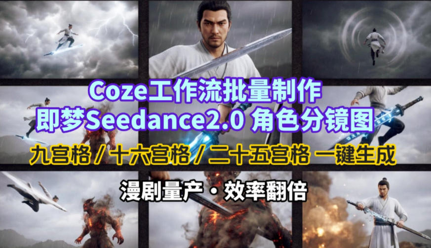 Coze工作流批量制作即梦Seedance2.0角色分镜图，九宫格-十六宫格-二十五宫格一键生成，漫剧量产，效率翻倍-米创网