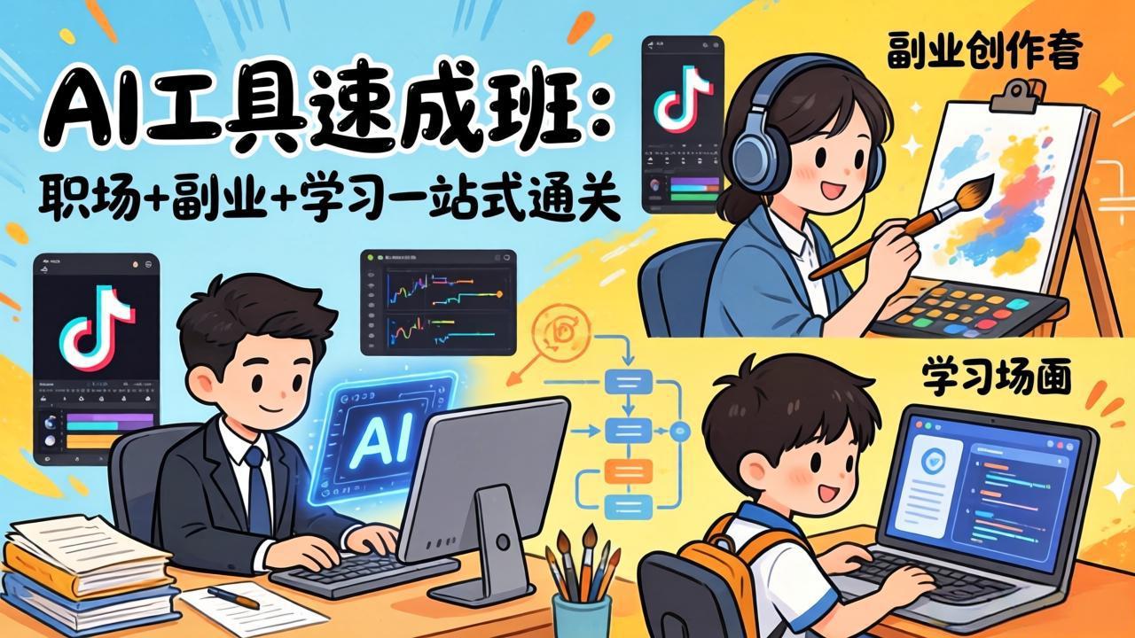 AI工具速成班：职场+副业+学习一站式通关，20+爆款类型+剪映技巧+抖音算法，0基础快速上手-米创网