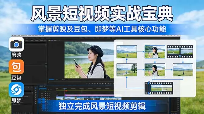 风景短视频实战宝典：掌握剪映及豆包、即梦等AI工具的核心功能，独立完成风景短视频剪辑-58创客