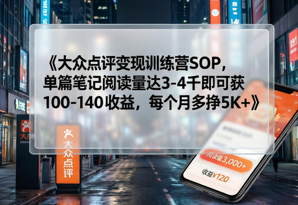 大众点评变现训练营SOP，单篇笔记阅读量达3-4千即可获100-140收益，每个月多挣5K+-米创网