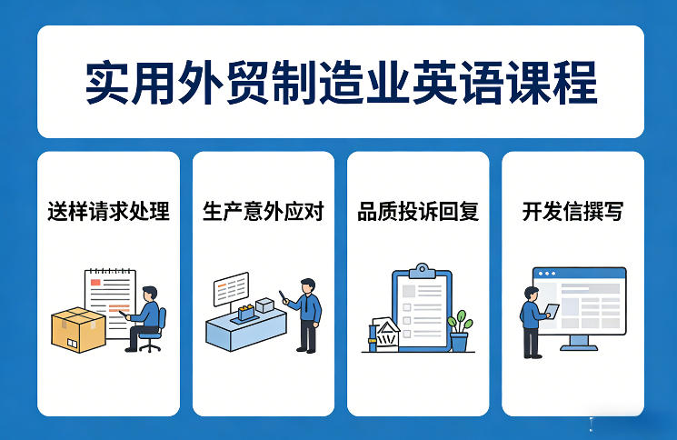 实用外贸制造业英语课程，教你专业处理送样请求、应对生产意外、回复品质投诉、撰写开发信等-米创网