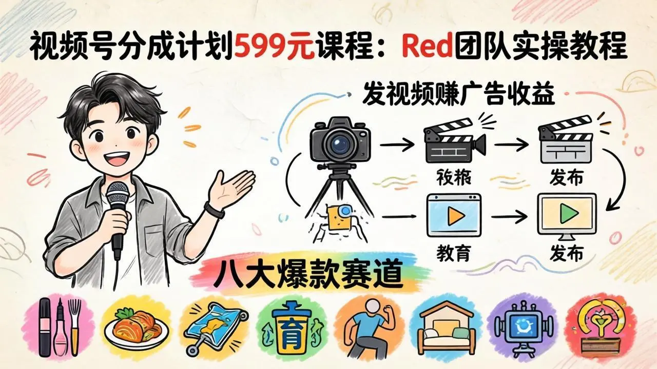 视频号分成计划599元课程：Red团队实操教程，发视频赚广告收益，八大爆款赛道全掌握-58创客