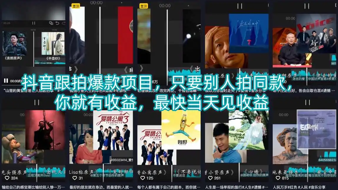 抖音跟拍爆款项目，只要别人拍同款，你就有收益，最快当天见收益-58创客