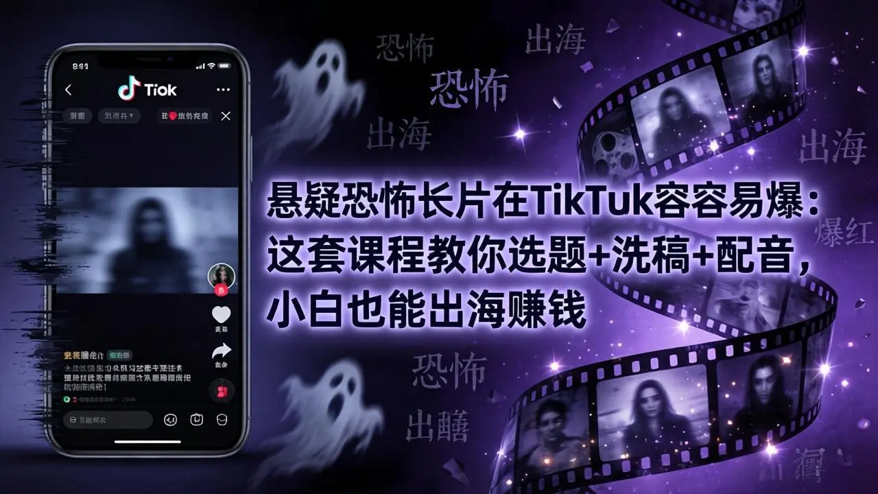 悬疑恐怖长片在TikTok最容易爆：这套课程教你选题+洗稿+配音，小白也能出海赚钱-58创客