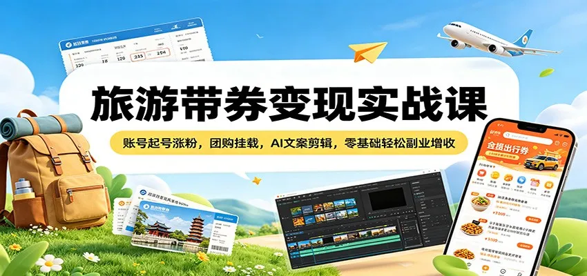 旅游带券变现实战课：账号起号涨粉，团购挂载，AI文案剪辑，零基础轻松副业增收-58创客