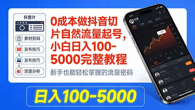 0成本做抖音切片自然流量起号，小白日入100-5000完整教程-58创客