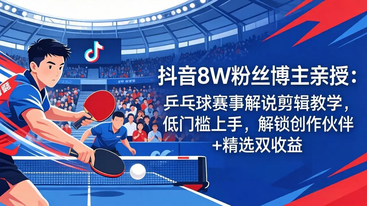 抖音8W粉丝博主亲授：乒乓球赛事解说剪辑教学，低门槛上手，解锁创作伙伴+精选双收益-58创客