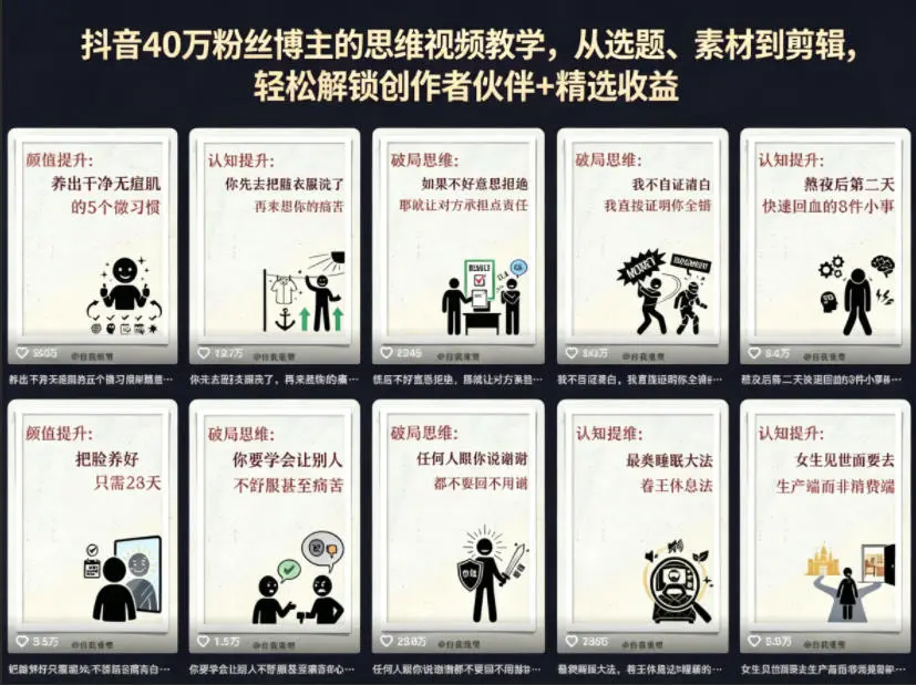 抖音40W粉丝博主的思维视频教学，从选题、素材到剪辑，轻松解锁创作者伙伴+精选收益-58创客