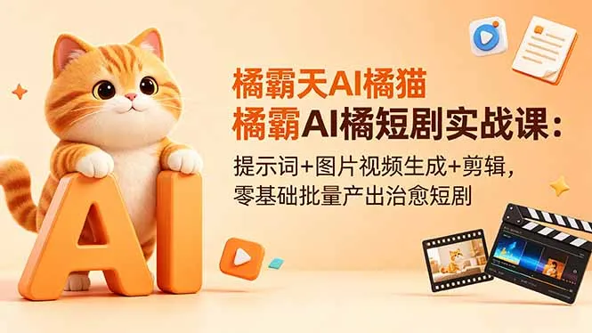 橘霸天AI橘猫短剧实战课：提示词+图片视频生成+剪辑，零基础批量产出治愈短剧-58创客