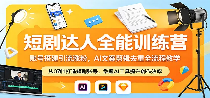 短剧达人全能训练营：账号搭建引流涨粉，AI 文案剪辑去重全流程教学-米创网