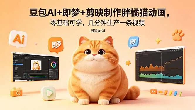 豆包AI+即梦+剪映制作胖橘猫动画，零基础可学，几分钟生产一条视频，附提示词-58创客