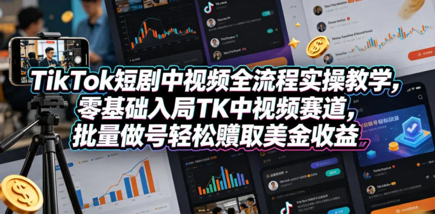 TikTok短剧中视频全流程实操教学，零基础入局TK中视频赛道，批量做号轻松賺取美金收益-58创客